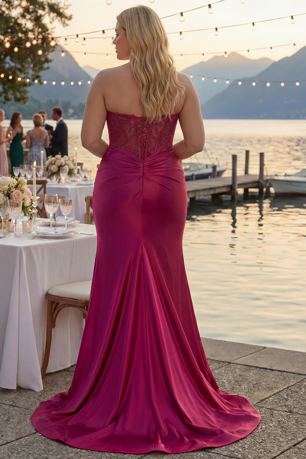 Sparkly Fuchsia Plus Size Mermaid Strapless Long Corset Prom Dress with Slit