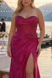 Sparkly Fuchsia Plus Size Mermaid Strapless Long Corset Prom Dress with Slit