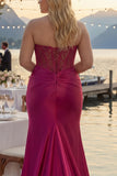 Sparkly Fuchsia Plus Size Mermaid Strapless Long Corset Prom Dress with Slit