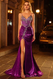Sparkly Dark Green Metallic Ruched Long Corset Prom Dress with Slit