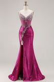 Sparkly Golden Metallic Mermaid Long Corset Prom Dress with Slit