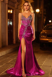 Sparkly Golden Metallic Mermaid Long Corset Prom Dress with Slit