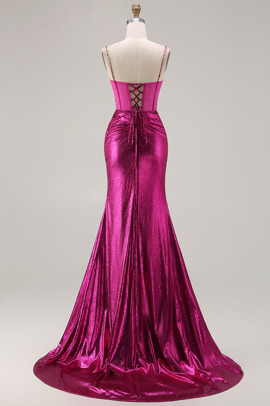 Sparkly Fuchsia Metallic Mermaid Ruched Long Corset Prom Dress with Slit