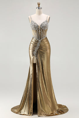 Sparkly Golden Metallic Mermaid Long Corset Prom Dress with Slit