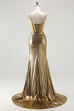 Sparkly Golden Metallic Mermaid Long Corset Prom Dress with Slit