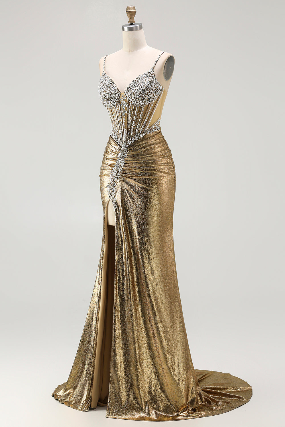 Sparkly Golden Metallic Mermaid Long Corset Prom Dress with Slit