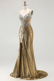 Sparkly Golden Metallic Mermaid Long Corset Prom Dress with Slit
