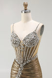 Sparkly Golden Metallic Mermaid Long Corset Prom Dress with Slit