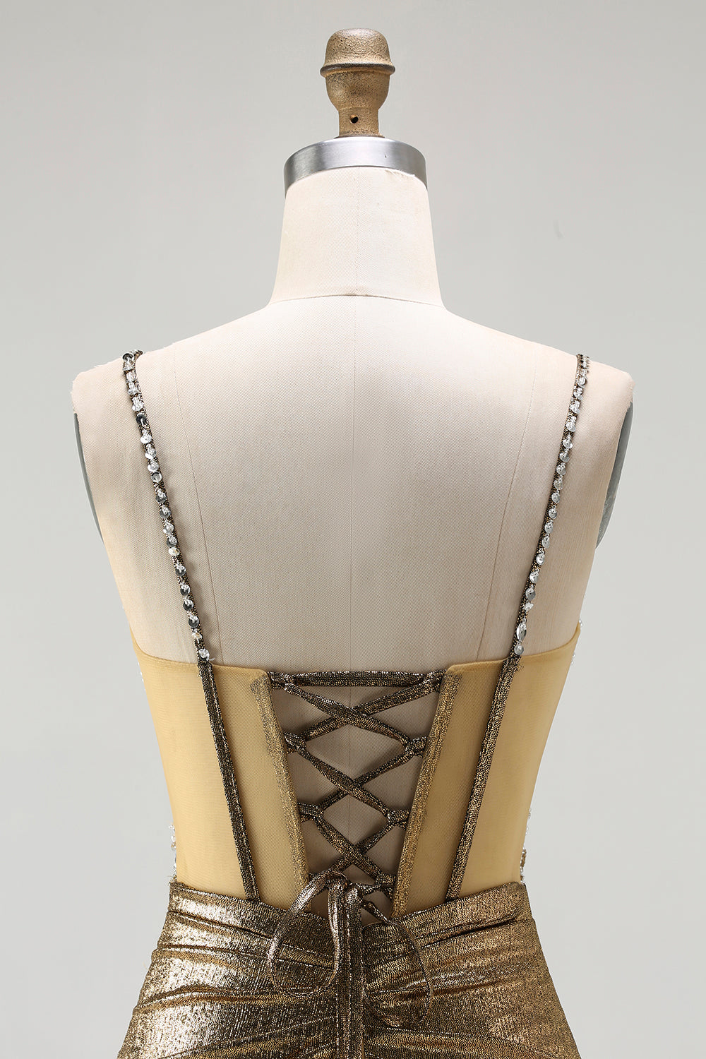 Sparkly Golden Metallic Mermaid Long Corset Prom Dress with Slit