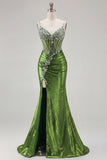 Sparkly Golden Metallic Mermaid Long Corset Prom Dress with Slit