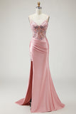 Sparkly Blush Corset Beaded Long Prom Dress with Slit