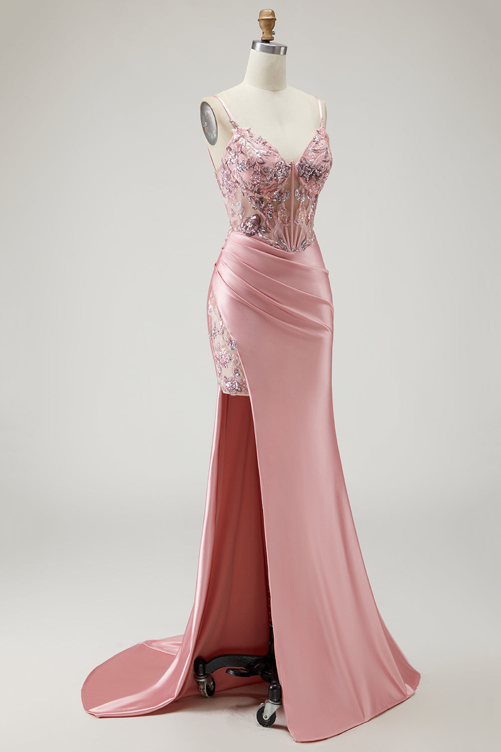 Sparkly Blush Corset Beaded Long Prom Dress with Slit