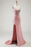 Sparkly Blush Corset Beaded Long Prom Dress with Slit