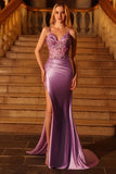 Sparkly Purple Beaded Mermaid Long Corset Prom Dress with Slit