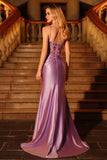 Sparkly Purple Beaded Mermaid Long Corset Prom Dress with Slit
