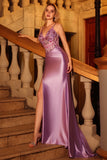 Sparkly Purple Beaded Mermaid Long Corset Prom Dress with Slit