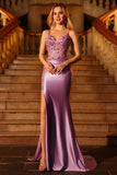 Sparkly Purple Beaded Mermaid Long Corset Prom Dress with Slit