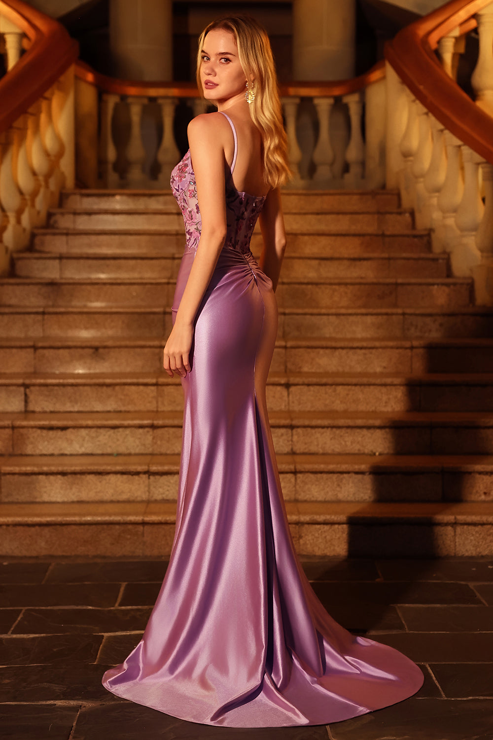 Sparkly Purple Beaded Mermaid Long Corset Prom Dress with Slit