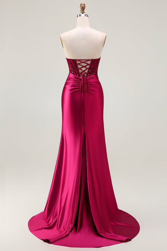 Sparkly Burgundy Mermaid Beaded Long Corset Prom Dress with Slit