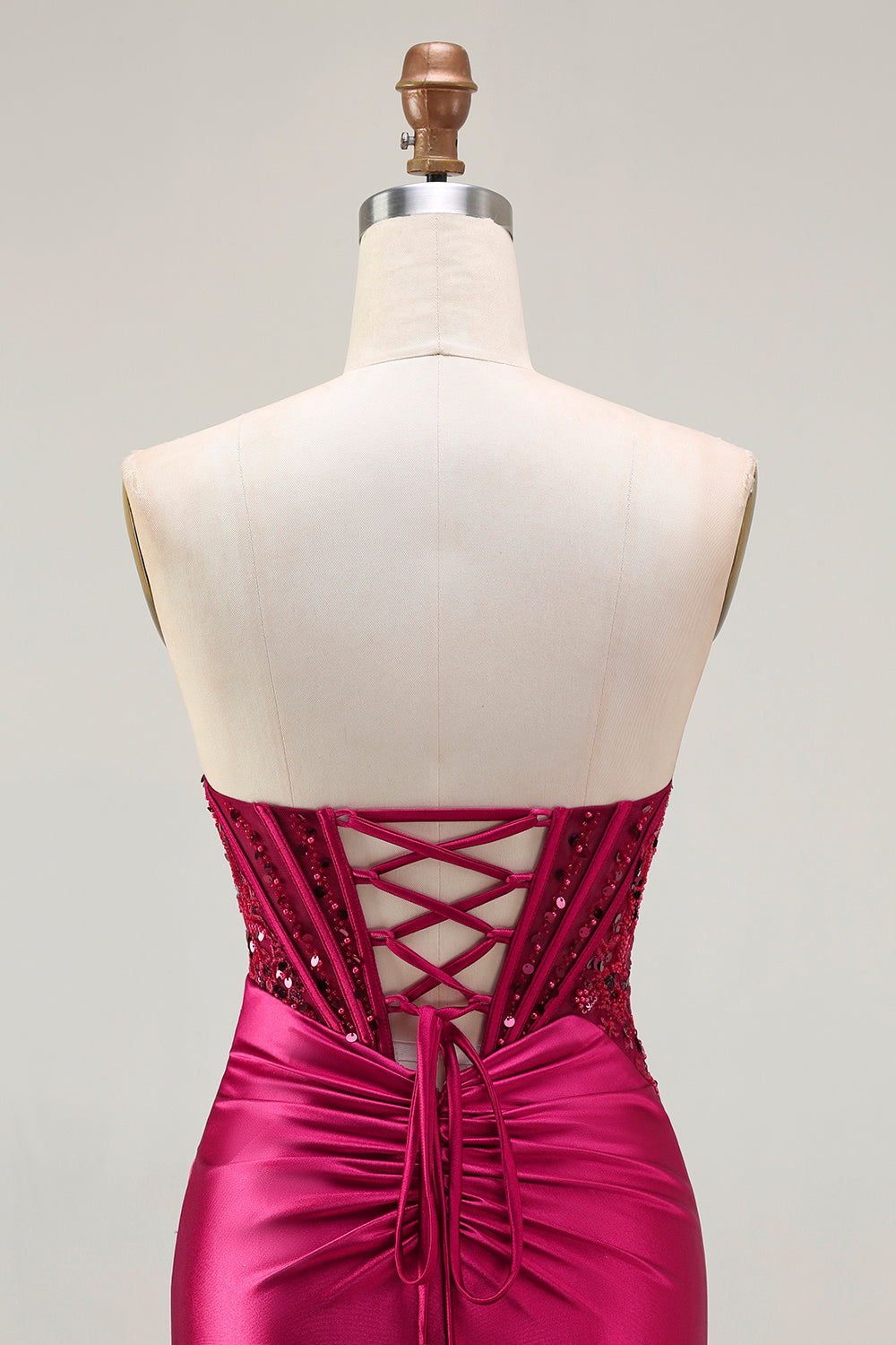 Sparkly Burgundy Mermaid Beaded Long Corset Prom Dress with Slit