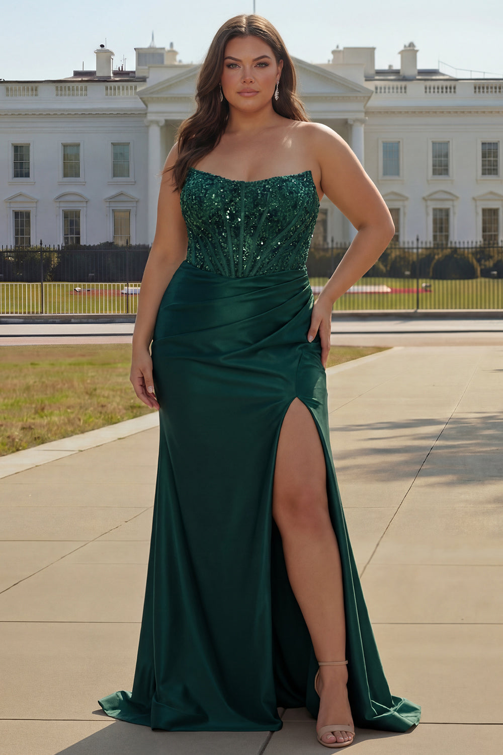Sparkly Plus Size Dark Green Beaded Ruched Mermaid Long Corset Prom Dress with Slit
