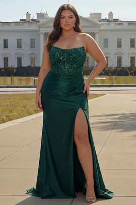 Sparkly Plus Size Dark Green Beaded Ruched Mermaid Long Corset Prom Dress with Slit