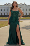 Sparkly Plus Size Dark Green Beaded Ruched Mermaid Long Corset Prom Dress with Slit