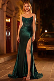 Sparkly Dark Green Satin Beaded Mermaid Long Corset Prom Dress with Slit