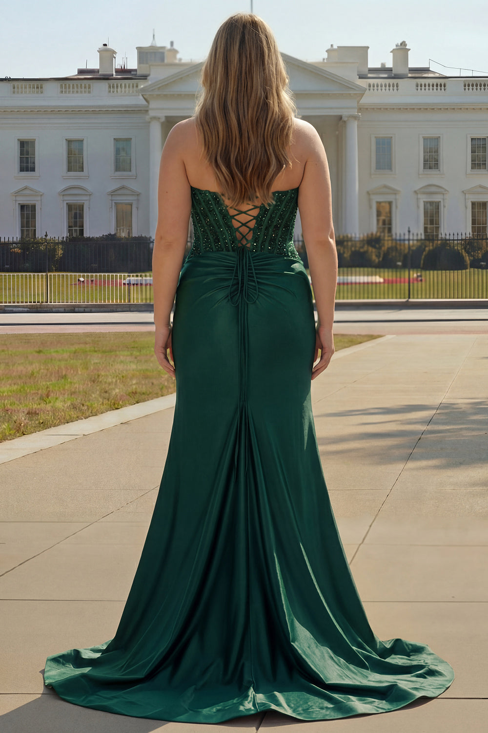 Sparkly Plus Size Dark Green Beaded Ruched Mermaid Long Corset Prom Dress with Slit