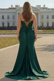 Sparkly Plus Size Dark Green Beaded Ruched Mermaid Long Corset Prom Dress with Slit