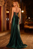 Sparkly Dark Green Satin Beaded Mermaid Long Corset Prom Dress with Slit