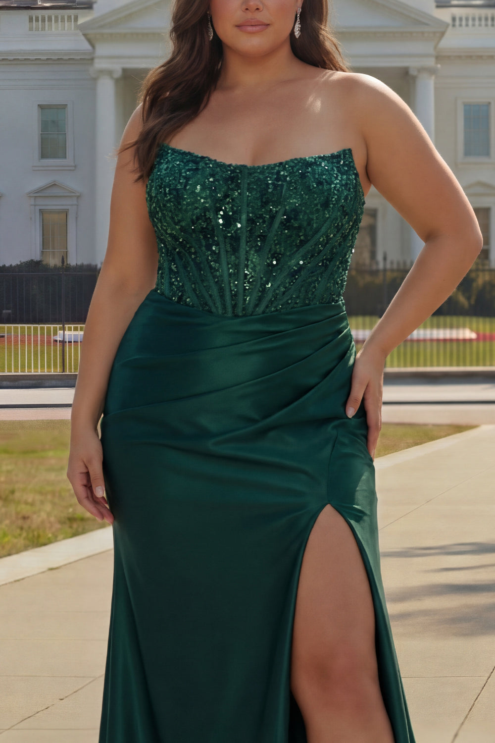 Sparkly Plus Size Dark Green Beaded Ruched Mermaid Long Corset Prom Dress with Slit