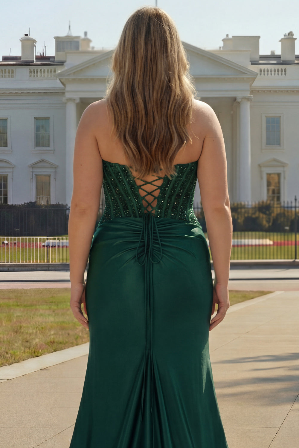 Zapakasa Women Sparkly Dark Green Plus Size Satin Long Corset Prom