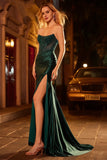 Sparkly Dark Green Satin Beaded Mermaid Long Corset Prom Dress with Slit
