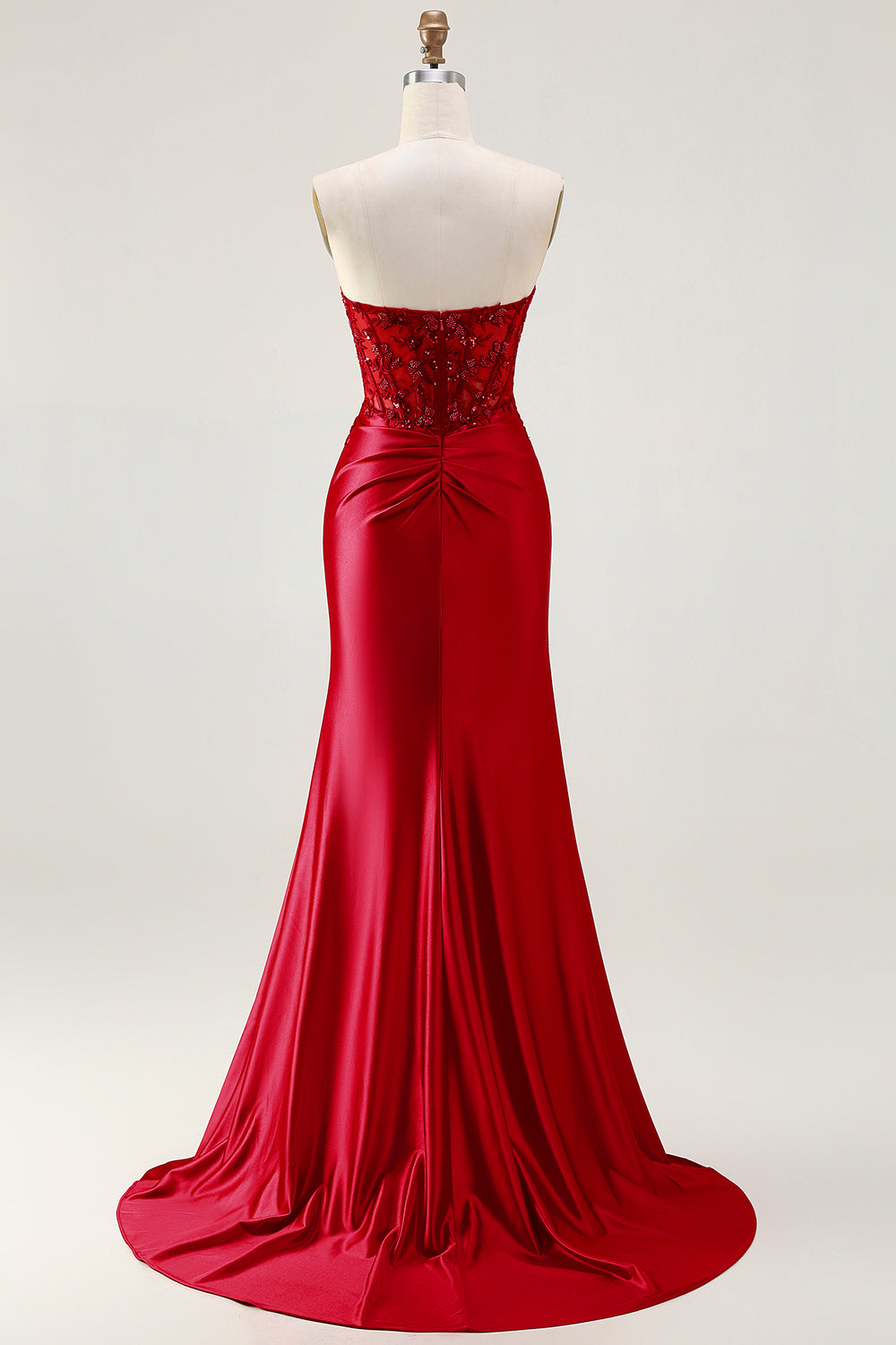 Sparkly Red Appliqued Strapless Mermaid Corset Long Prom Dress with Slit