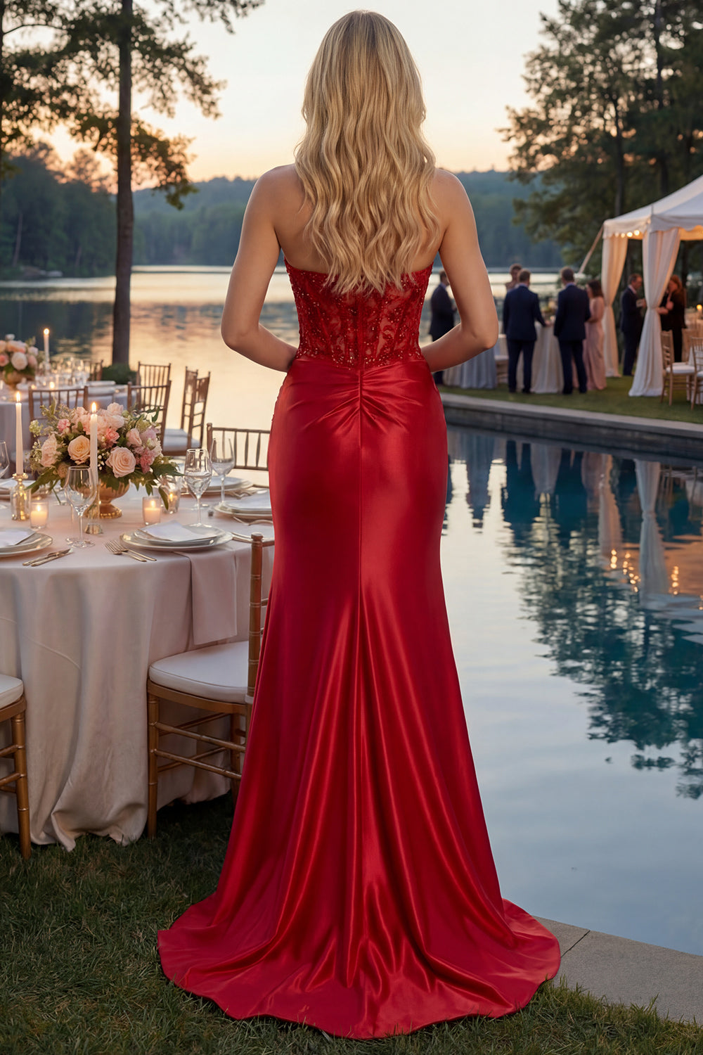 open lace back dress Sparkly Red Appliqued Strapless Mermaid Corset Long Prom Dress with Slit