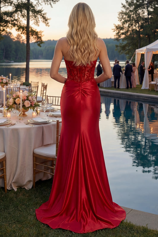 Sparkly Red Appliqued Strapless Mermaid Corset Long Prom Dress with Slit