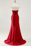 Sparkly Red Appliqued Strapless Mermaid Corset Long Prom Dress with Slit