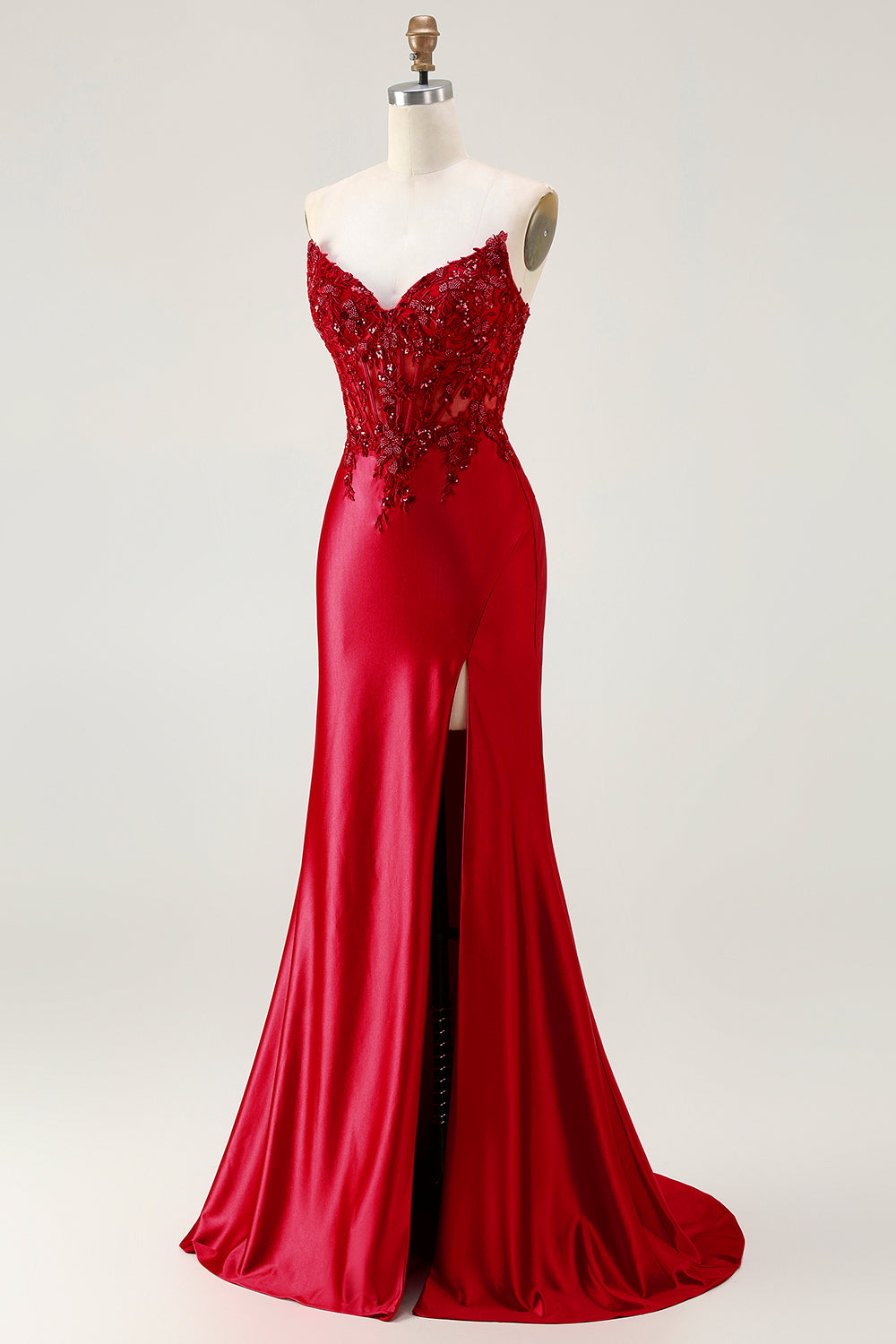 Sparkly Red Appliqued Strapless Mermaid Corset Long Prom Dress with Slit