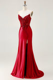 Sparkly Red Appliqued Strapless Mermaid Corset Long Prom Dress with Slit