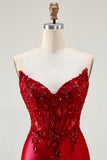 Sparkly Red Appliqued Strapless Mermaid Corset Long Prom Dress with Slit