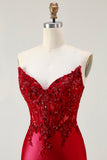 Sparkly Red Appliqued Strapless Mermaid Corset Long Prom Dress with Slit