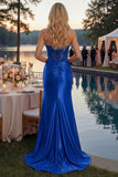Sparkly Royal Blue Appliqued Mermaid Long Corset Prom Dress with Slit