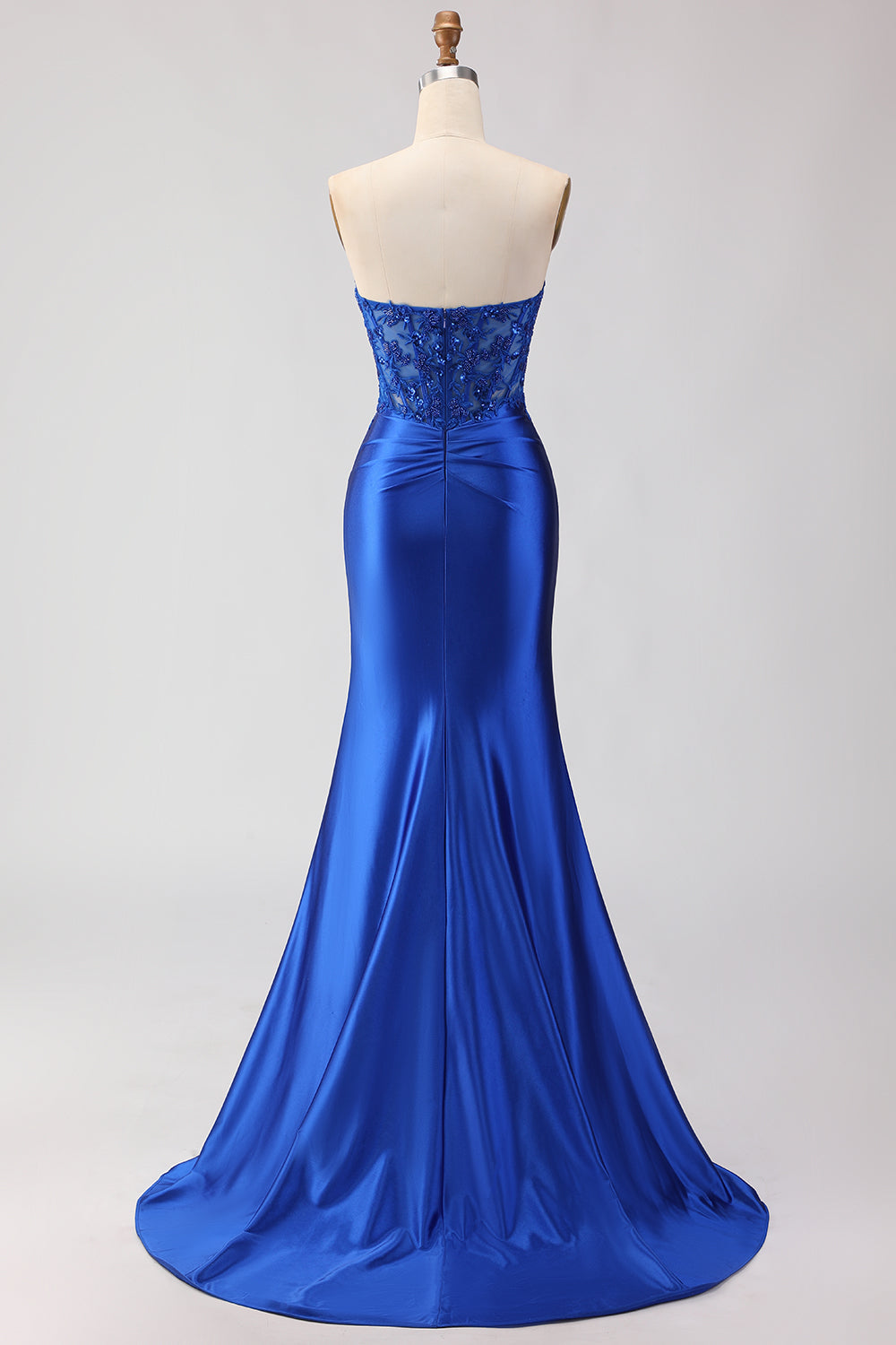 Sparkly Royal Blue Appliqued Mermaid Long Corset Prom Dress with Slit