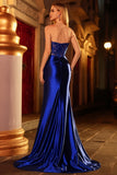 Sparkly Royal Blue Strapless Mermaid Long Corset Prom Dress with Appliques