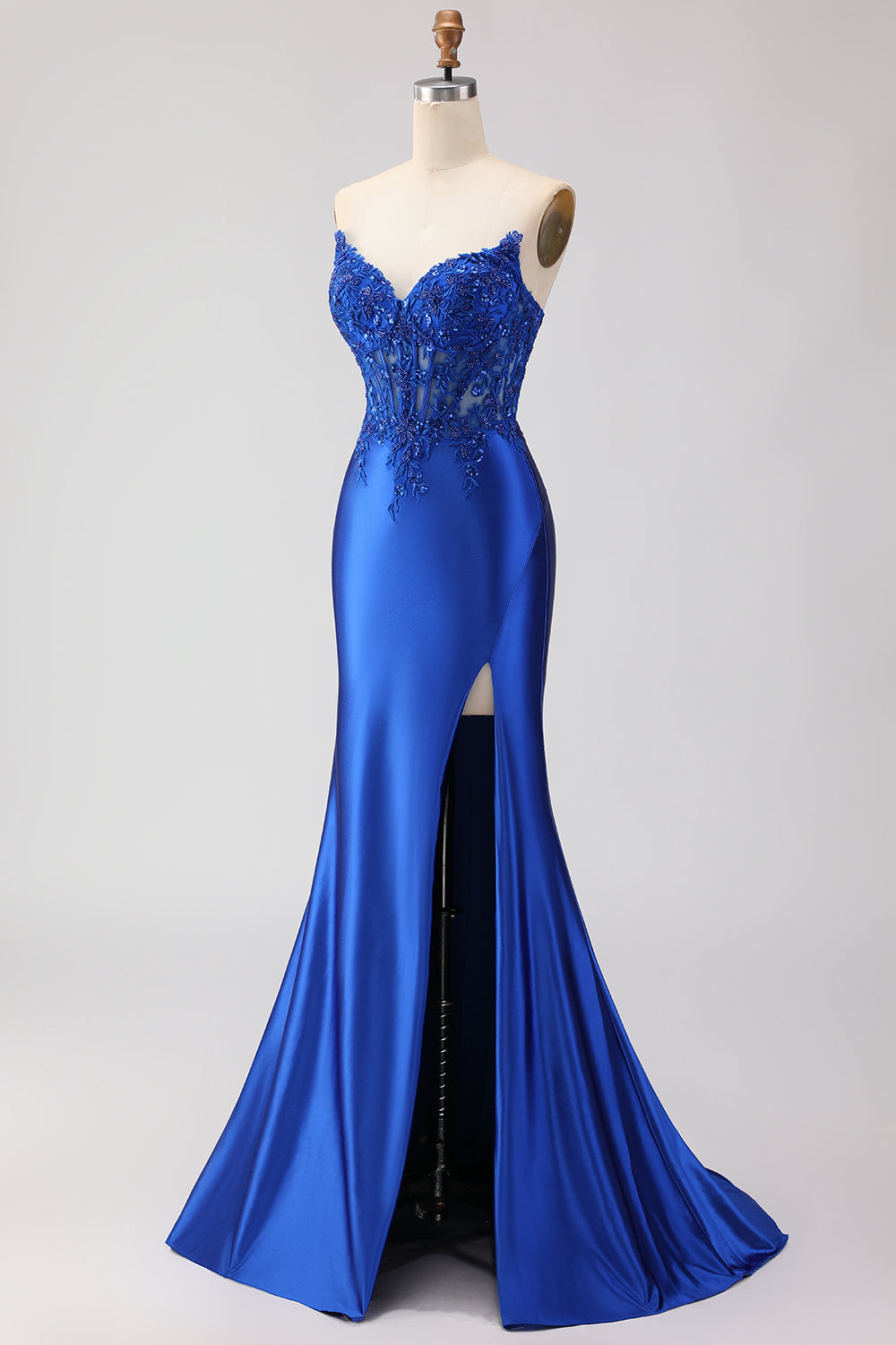 Zapaka Women Royal Blue Strapless Long Prom Dress with Beading Mermaid Corset Appliqued Satin Party Dress with Slit, Royal Blue / US2 Zapaka Women Royal Blue Strapless Long Prom Dress with Beading Mermaid Corset Appliqued Satin Party Dress with Slit, Royal Blue / US2