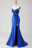 Sparkly Royal Blue Appliqued Mermaid Long Corset Prom Dress with Slit