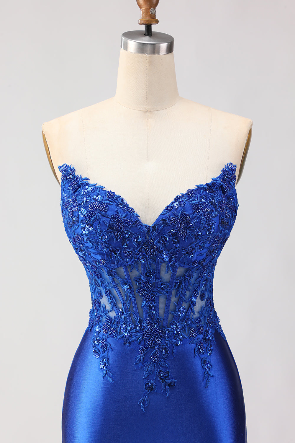 Sparkly Royal Blue Appliqued Mermaid Long Corset Prom Dress with Slit