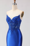 Sparkly Royal Blue Appliqued Mermaid Long Corset Prom Dress with Slit