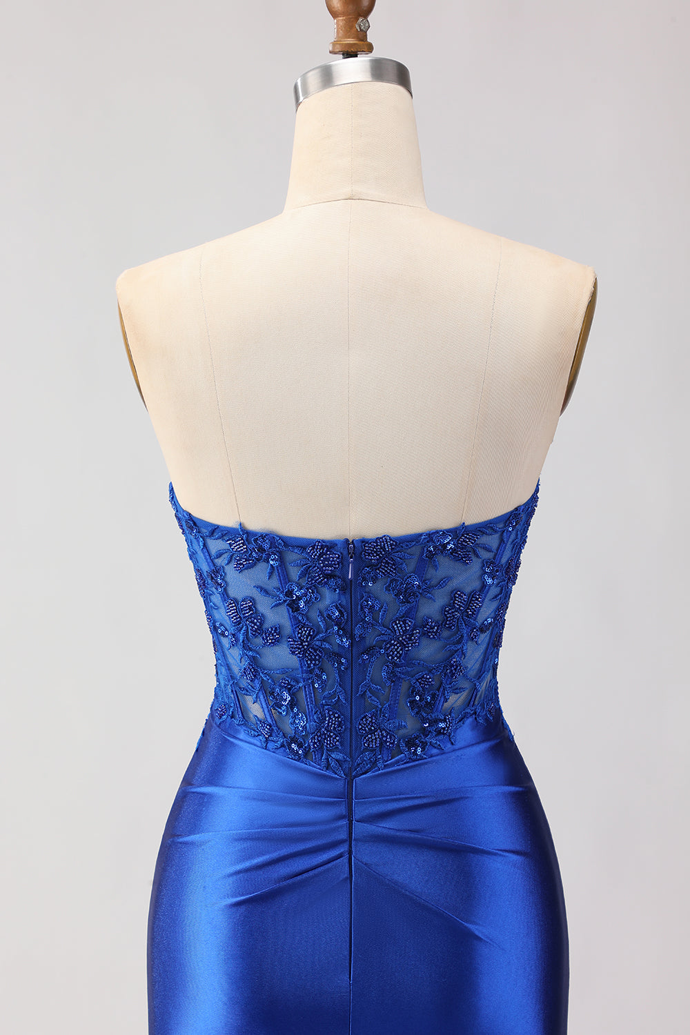Sparkly Royal Blue Appliqued Mermaid Long Corset Prom Dress with Slit
